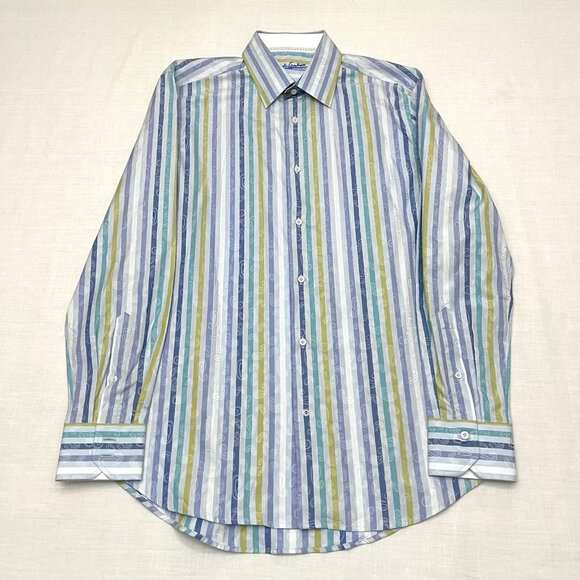 Robert Graham Men’s Large 42 16 1/2 Blue Striped Flip Cuff Shirt - Picture 1 of 5